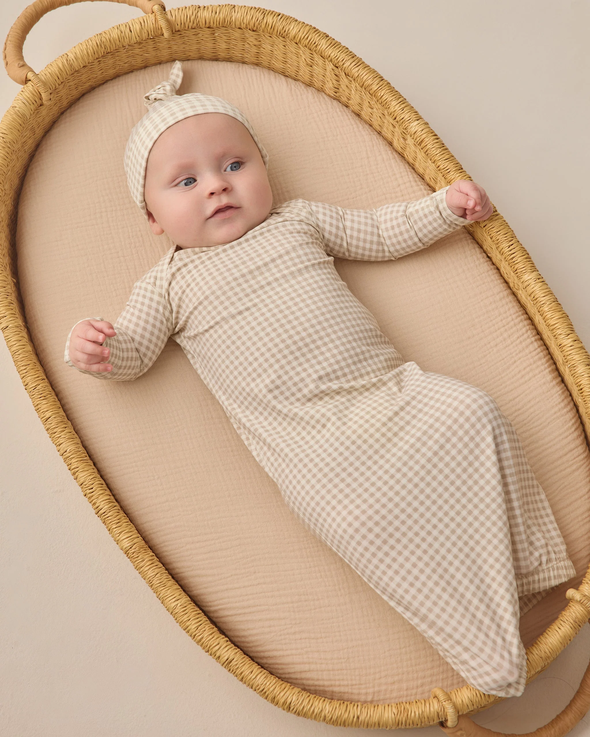 Bamboo Baby Gown + Hat Set Oat Gingham - Image 2