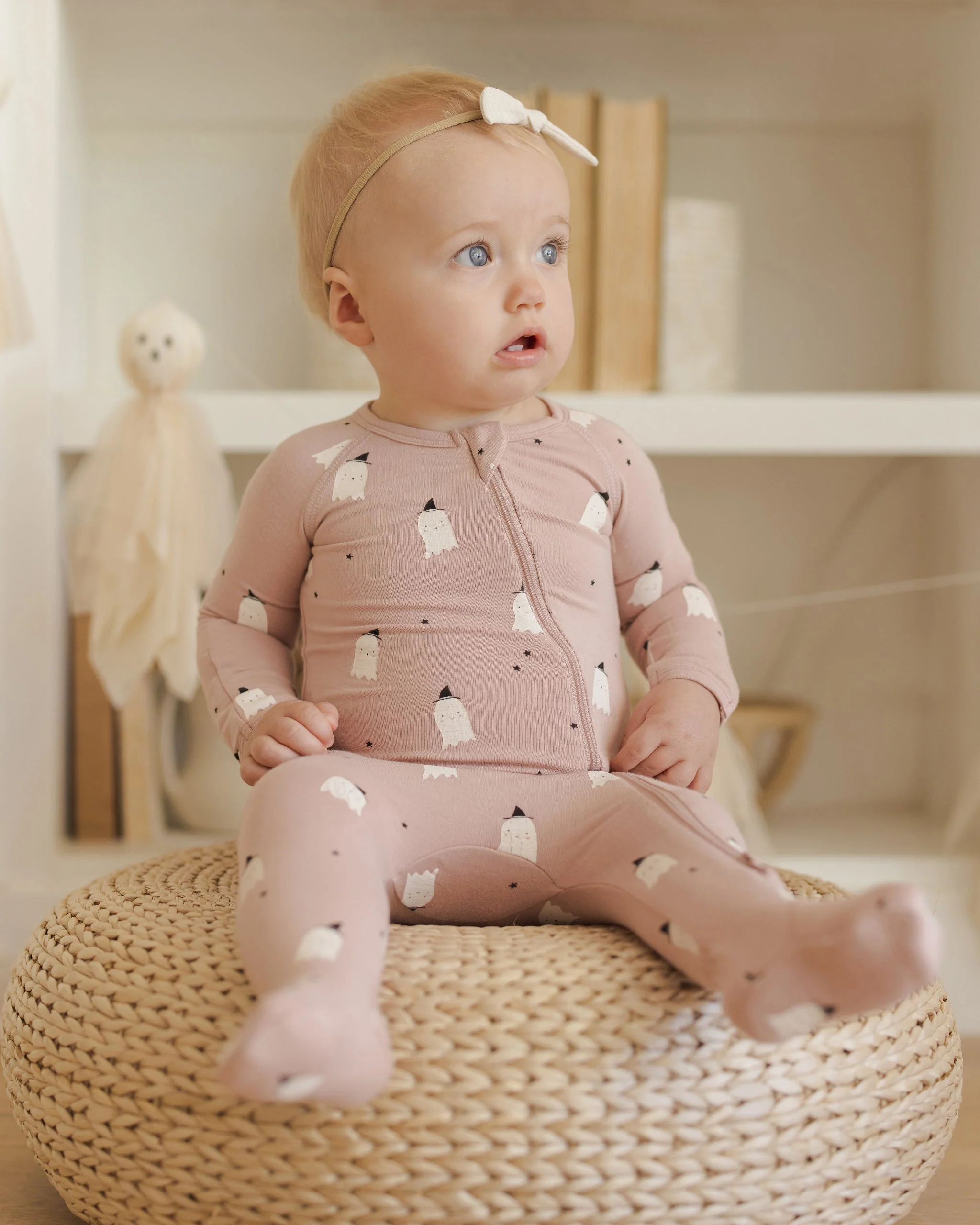 Bamboo Zip Footie || Pink Ghosts - Image 2