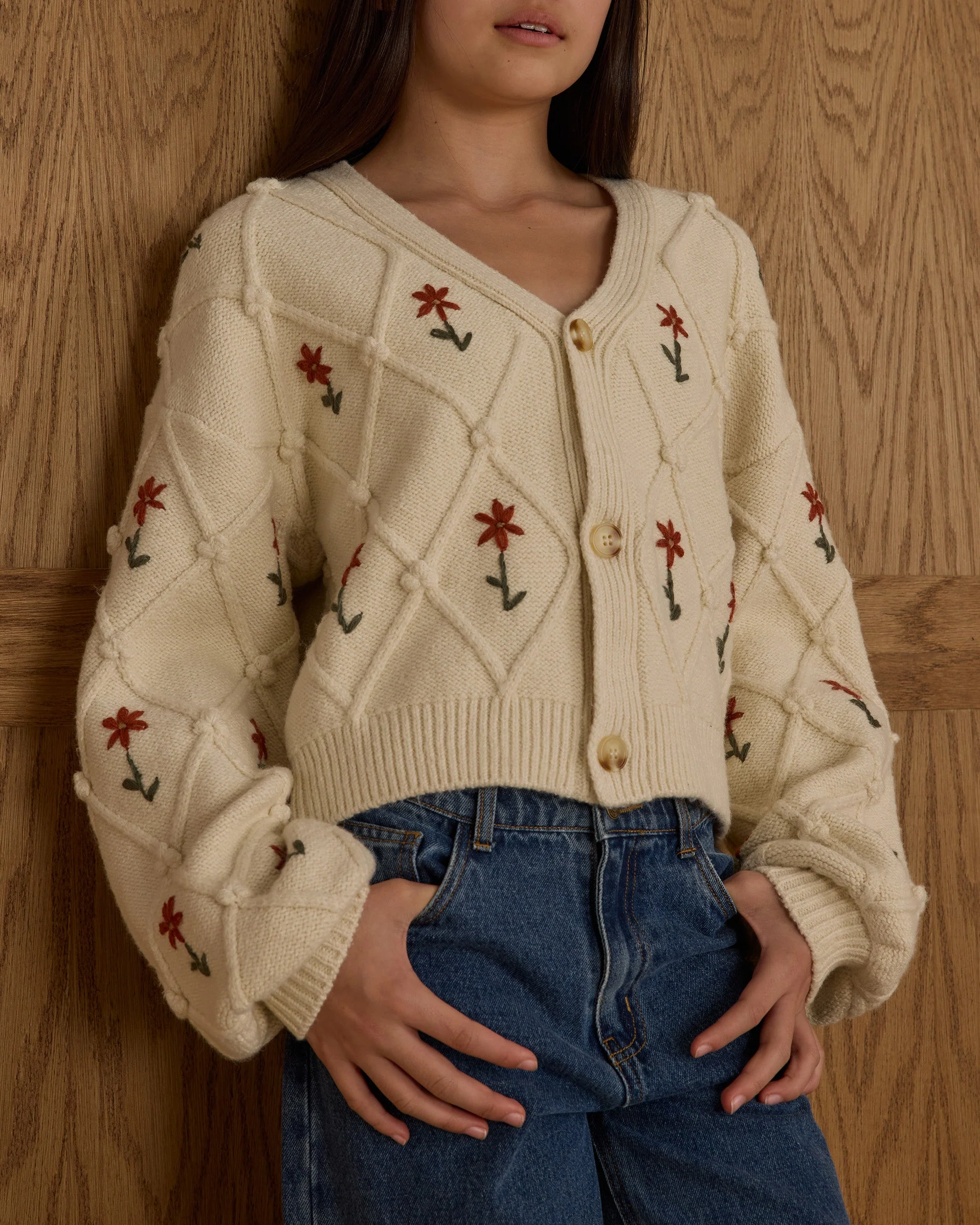 Boxy Crop Cardigan || Winter Daisy Embroidery - Teen - Image 3