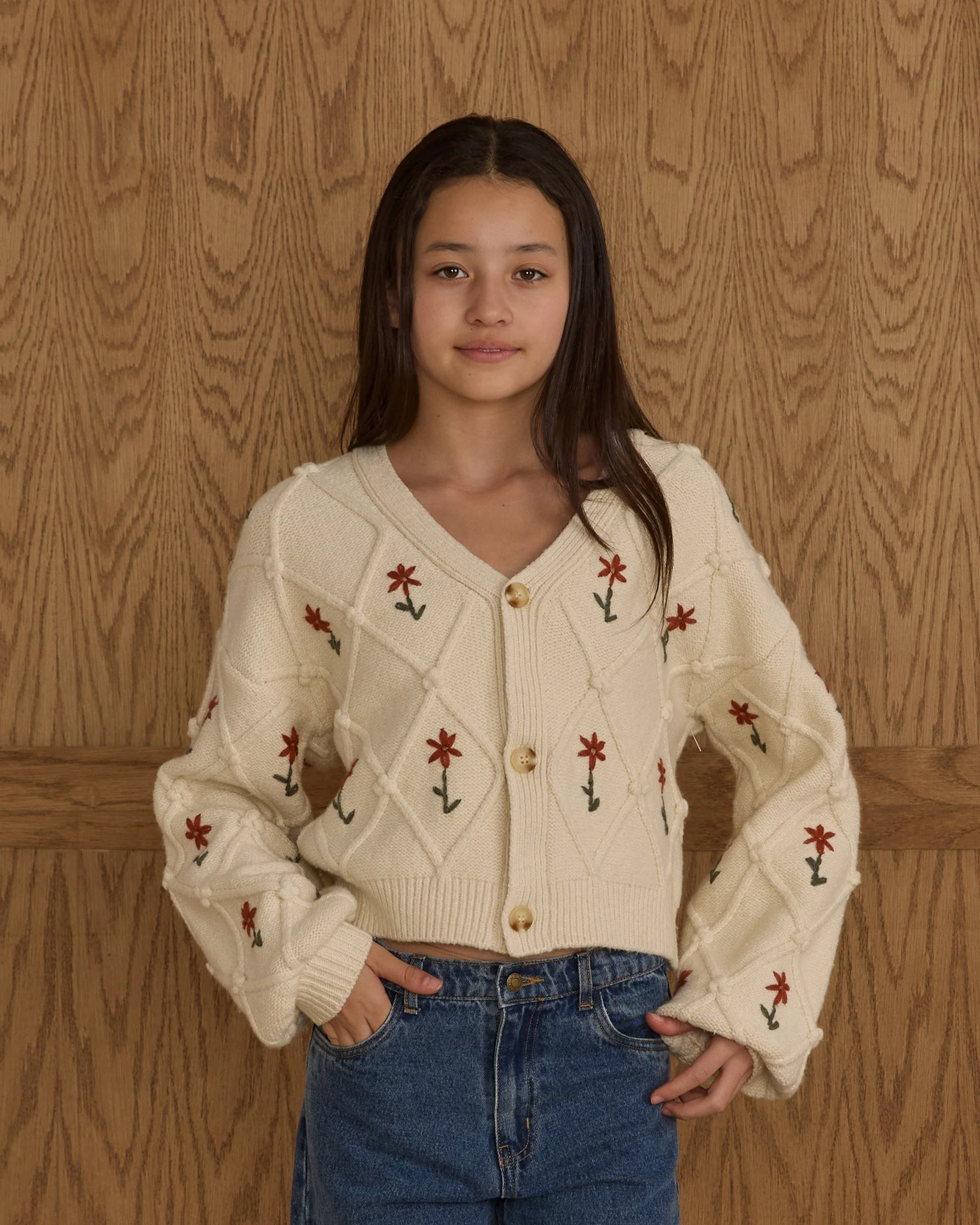 Boxy Crop Cardigan || Winter Daisy Embroidery - Teen - Image 5