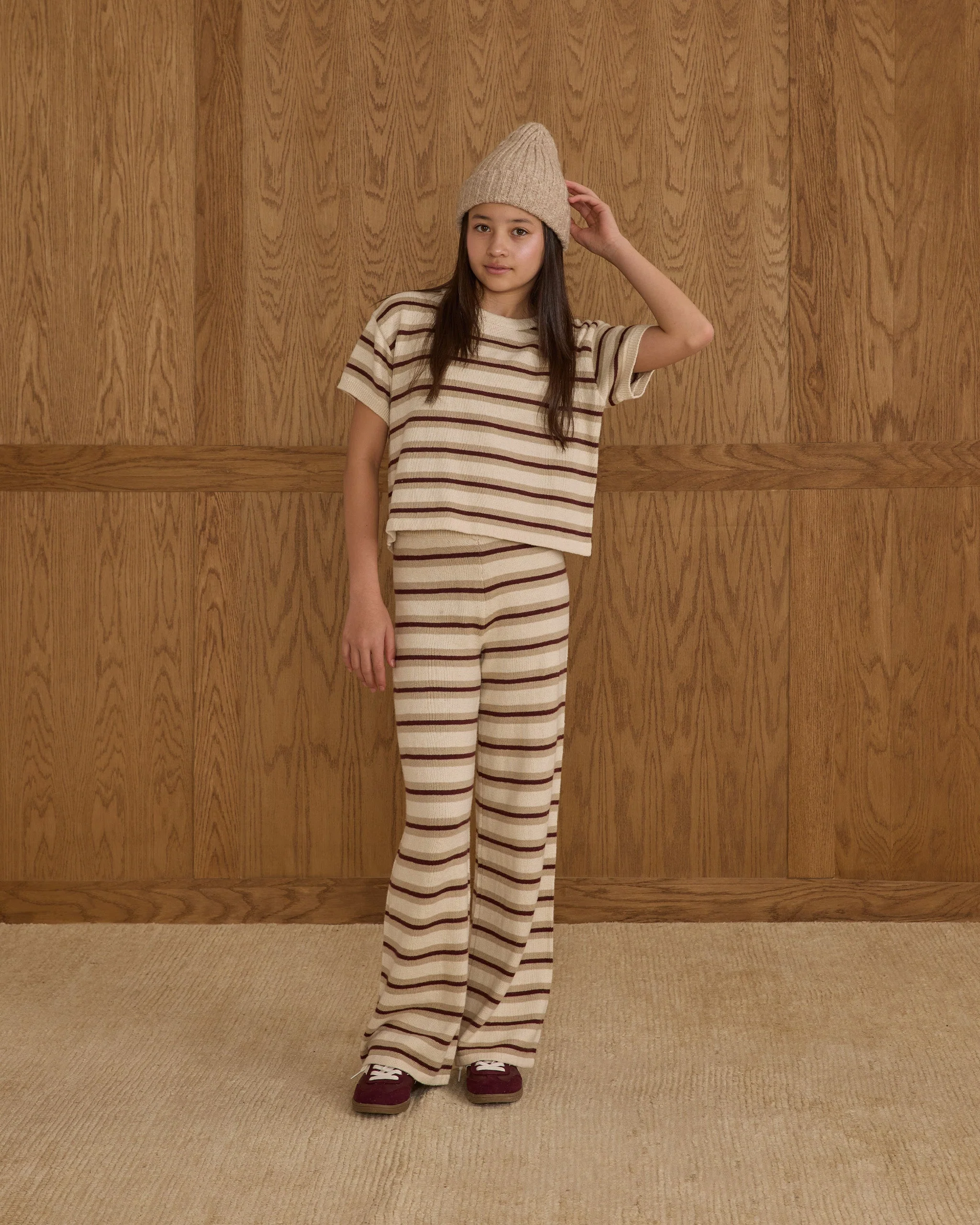 Boxy Crop Knit Tee || Burgundy Stripe - Image 2