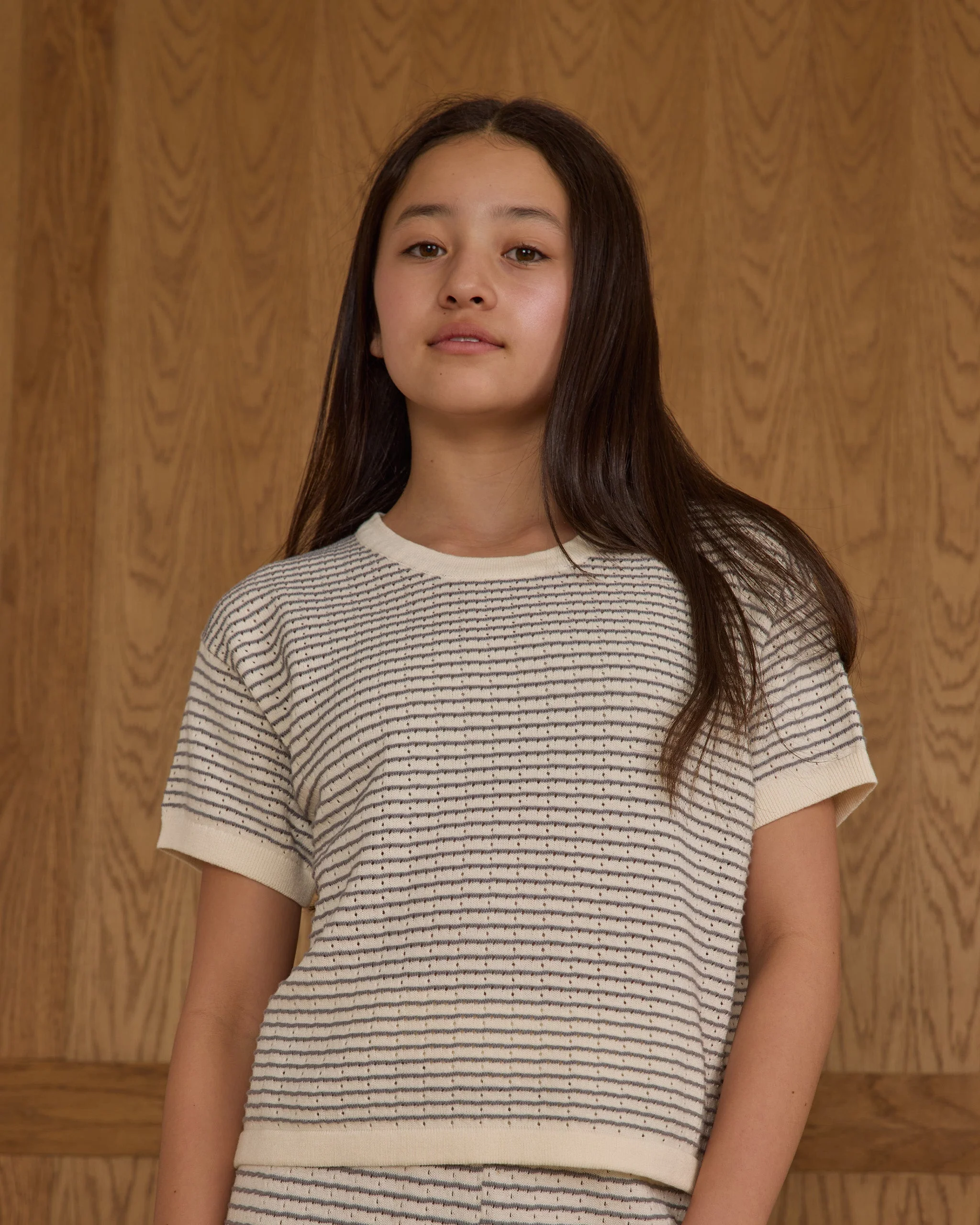 Boxy Crop Knit Tee || Dusty Blue Stripe - Image 3