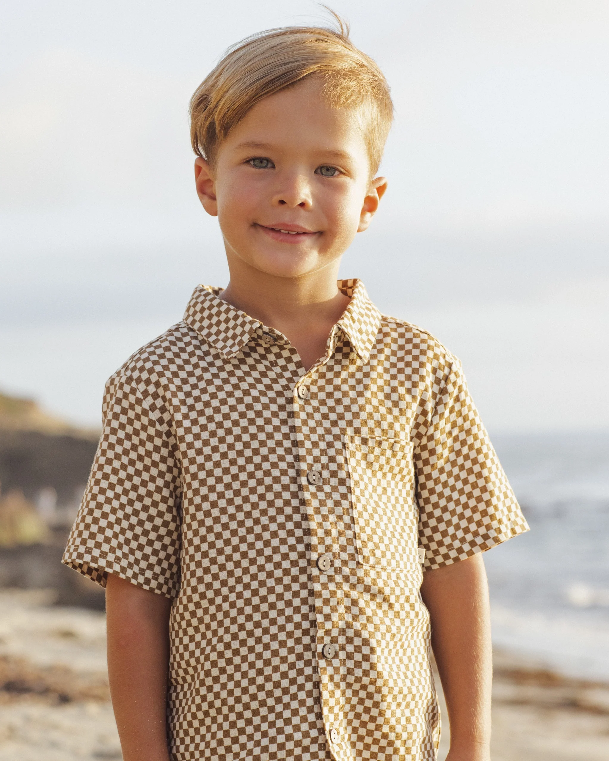 Collared Short Sleeve Shirt Ocre Check - Image 3