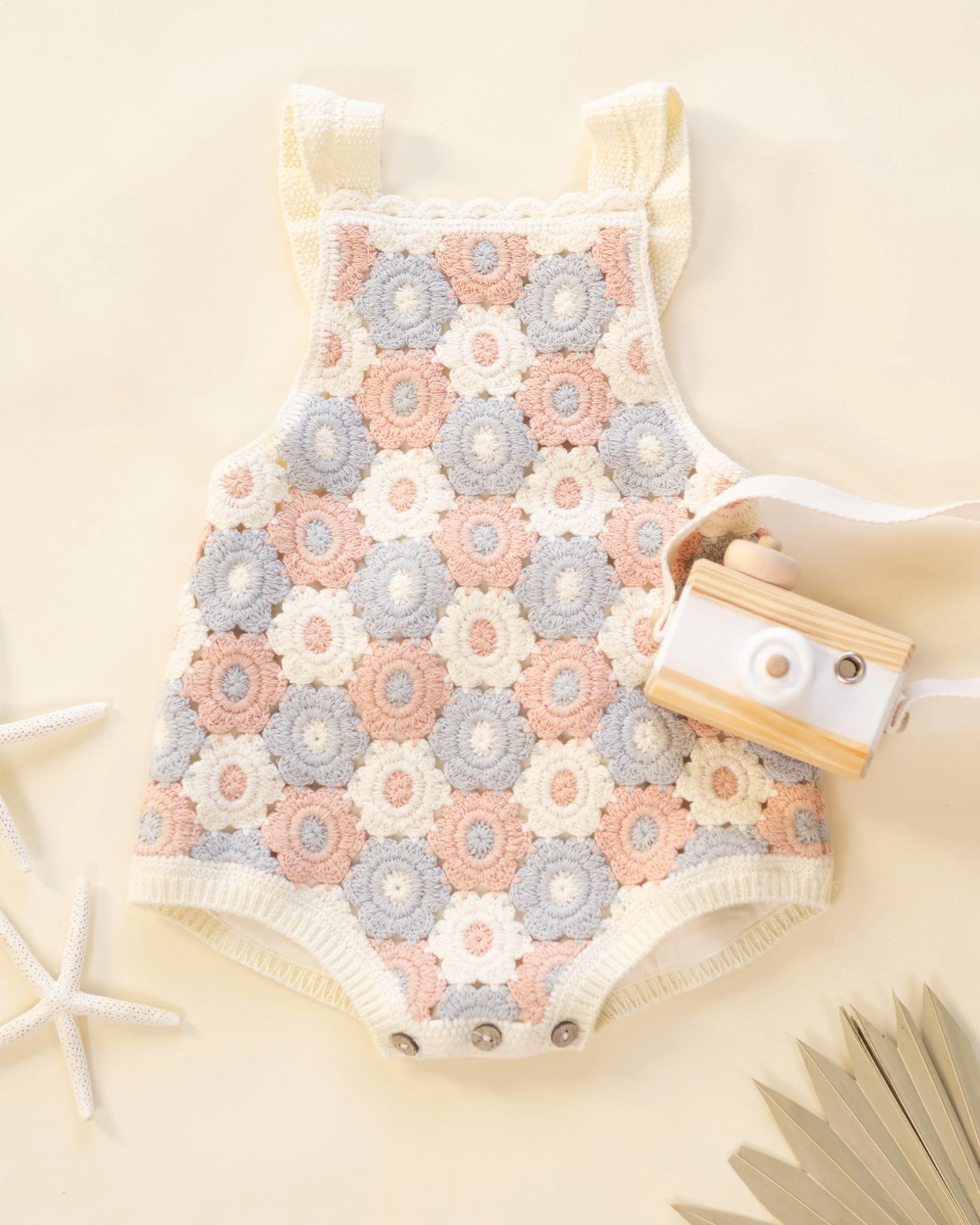 Crochet Romper Blue, Light Pink, Ivory - Image 3