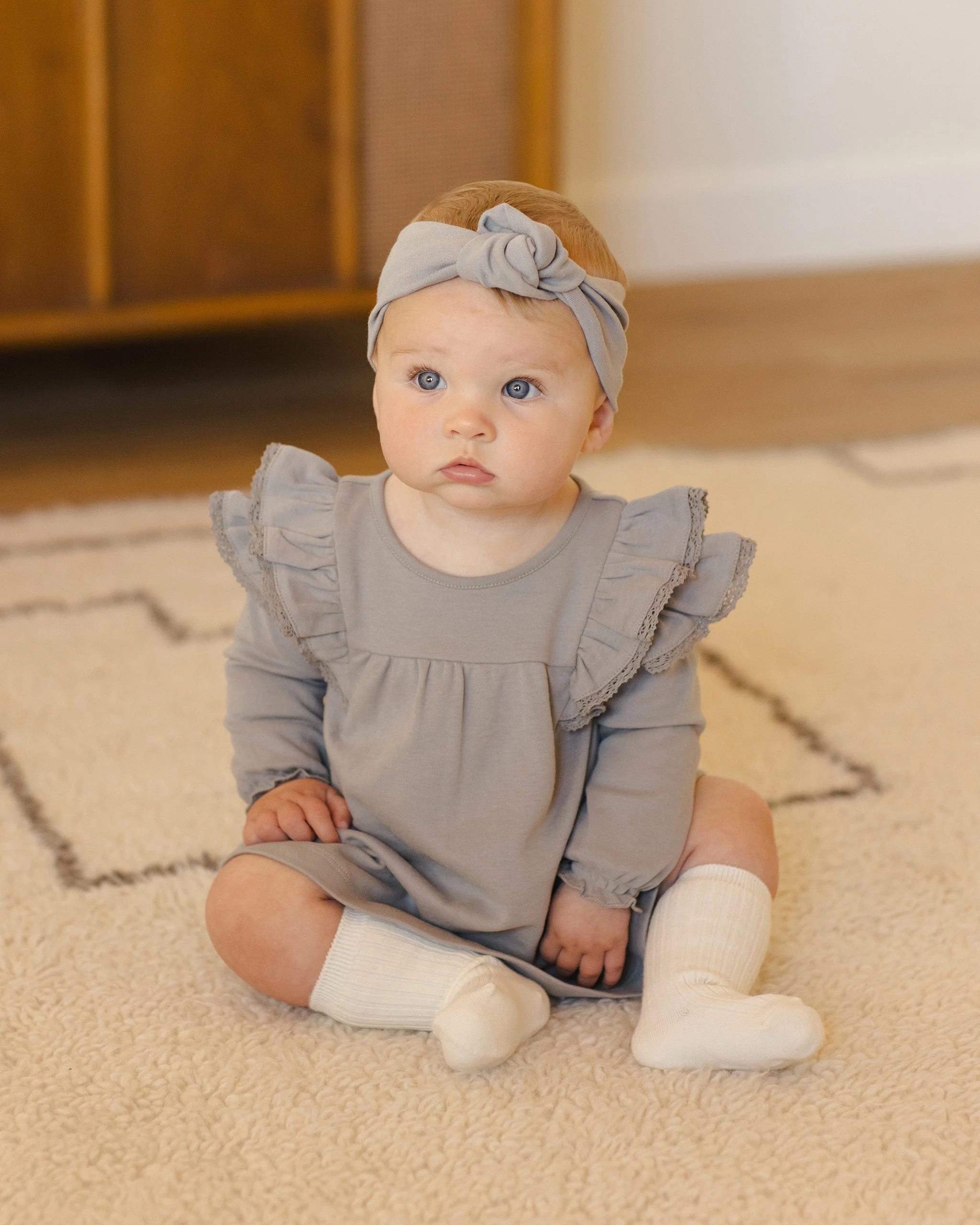 Long Sleeve Flutter Dress - || -  Dusty Blue - Image 3