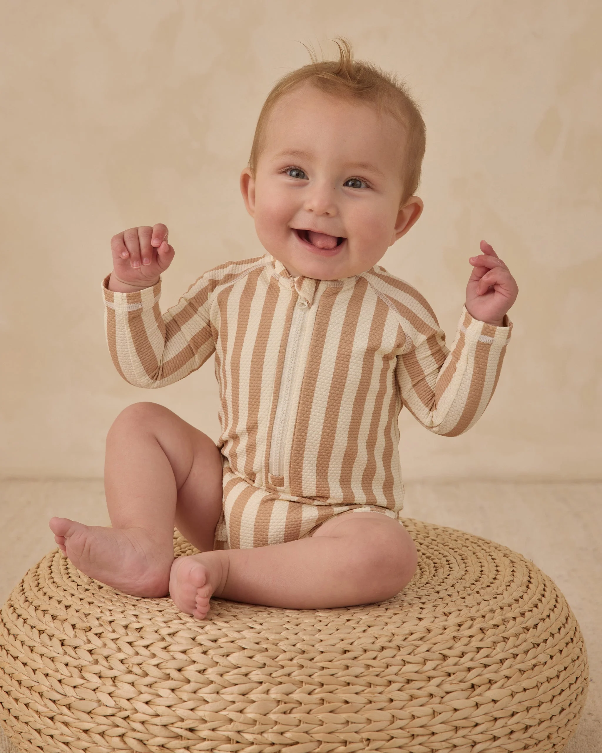 Long Sleeve One-Piece Rashguard Retro Latte Stripe - Image 3