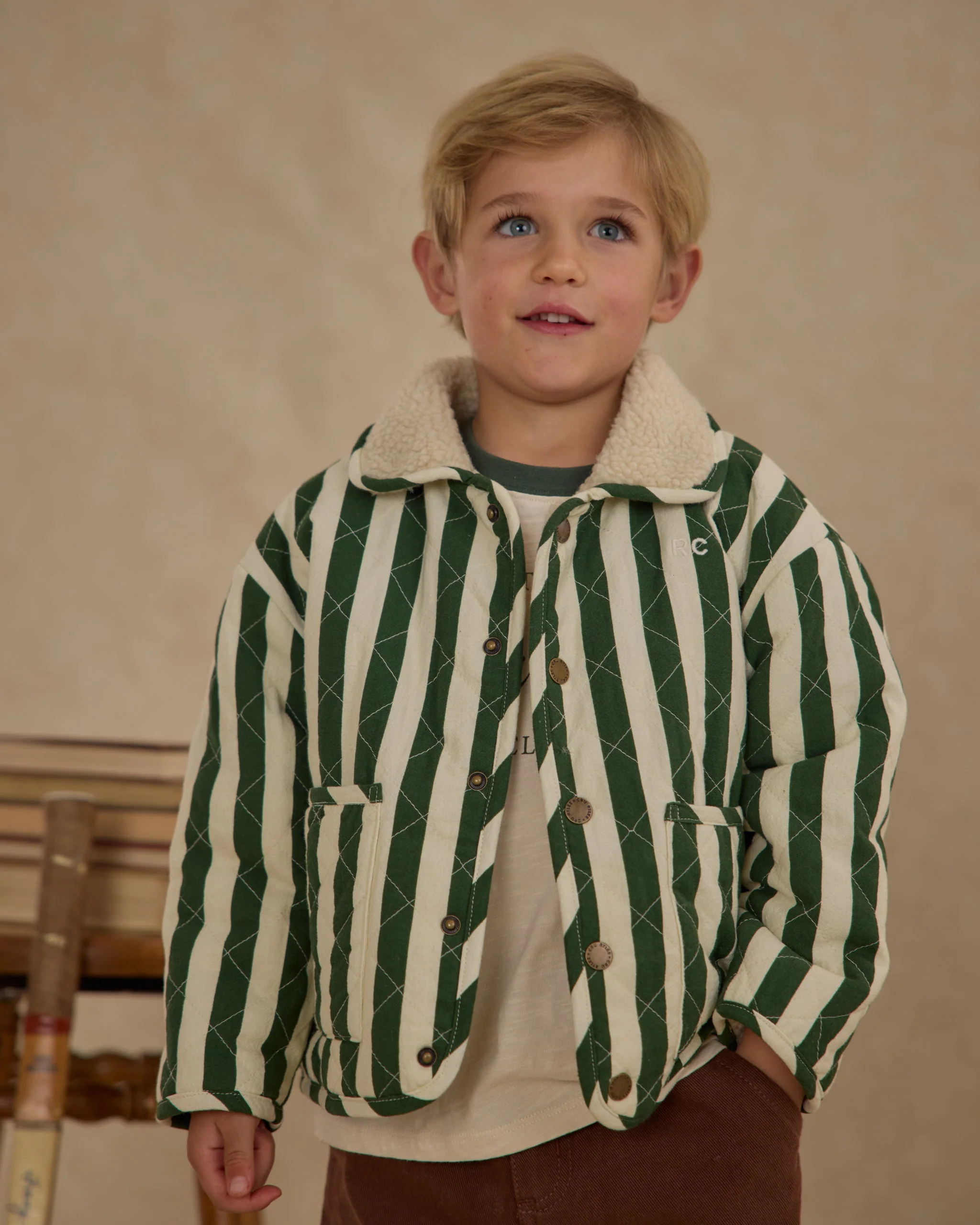 Quilted Winter Coat || Green Stripe - Image 2