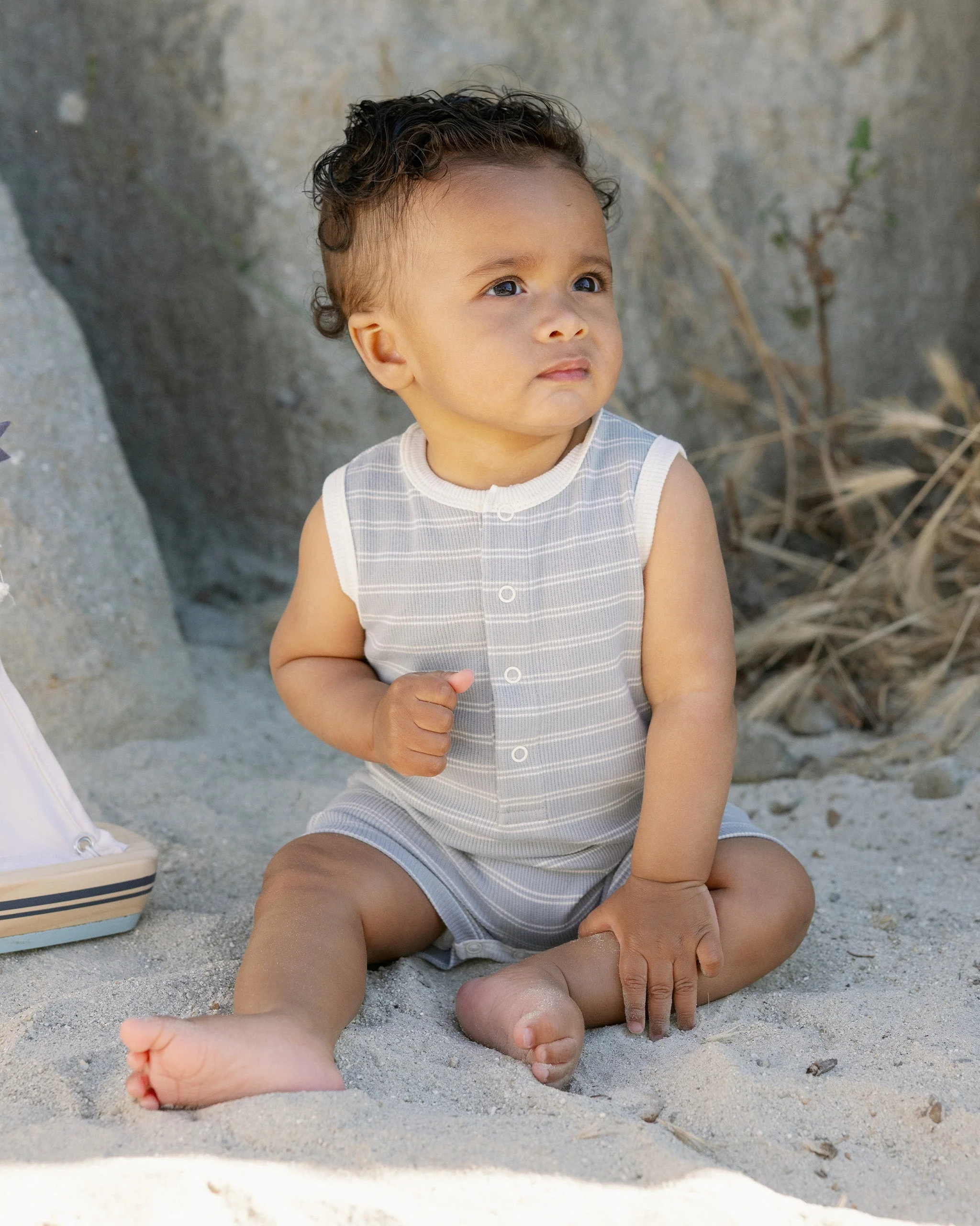 -Ribbed Henley Romper || Blue Pinstripe- - Image 2