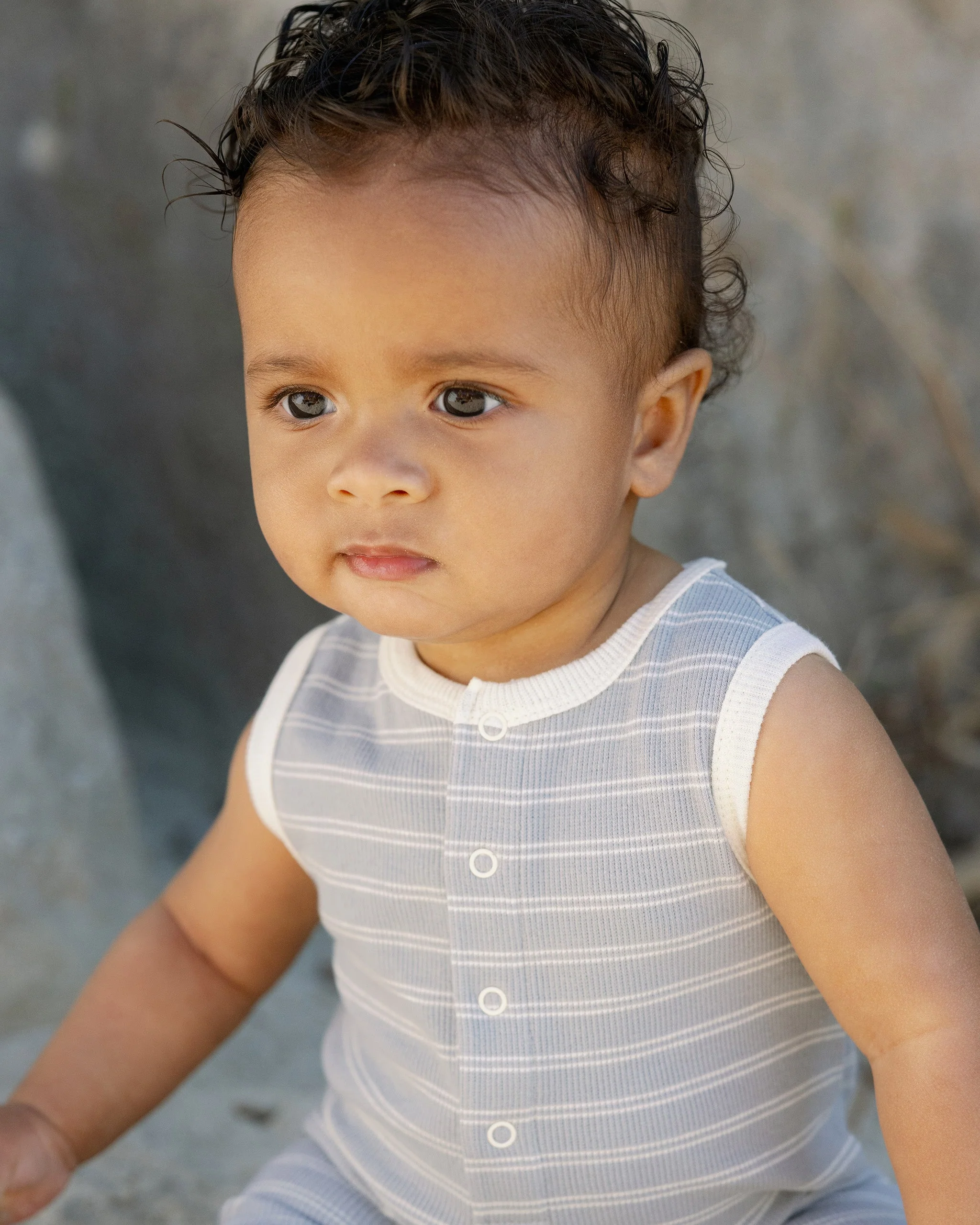 -Ribbed Henley Romper || Blue Pinstripe- - Image 3