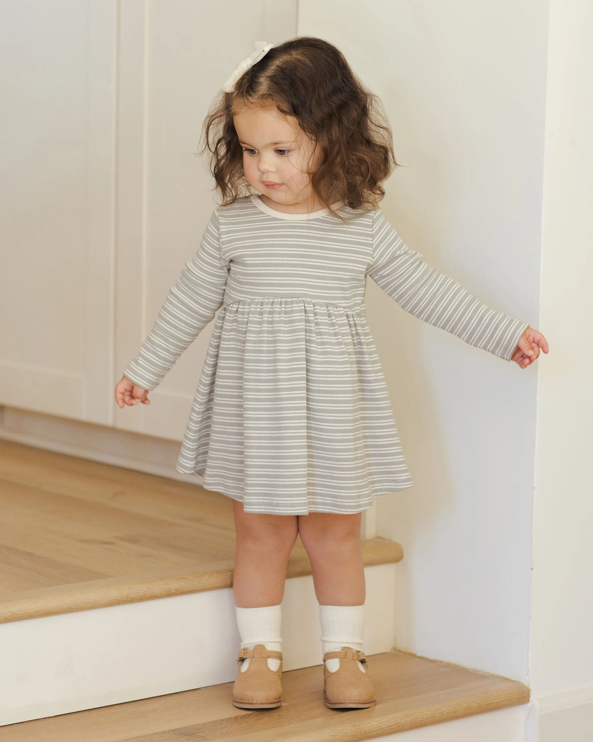 Ribbed Long Sleeve Dress || Steel Blue Micro Stripe - Image 3