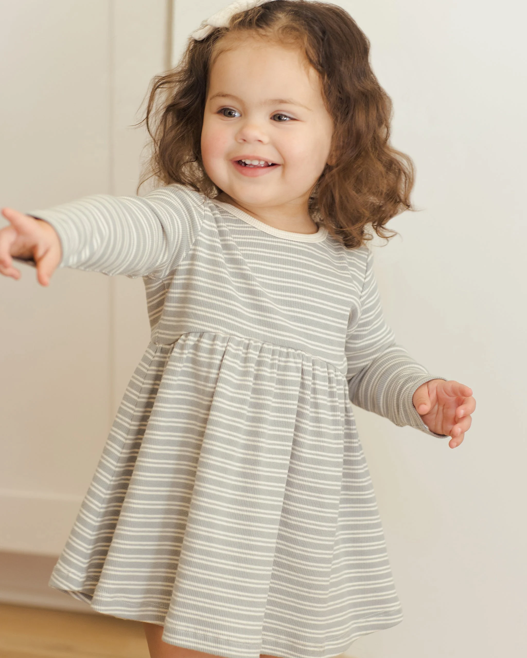Ribbed Long Sleeve Dress || Steel Blue Micro Stripe - Image 5