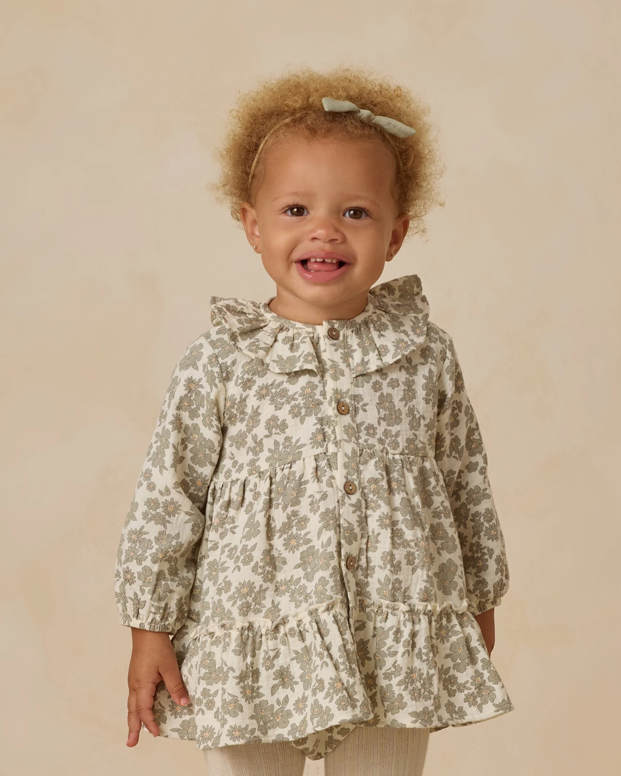 Ruffle Collar Button Dress || Green Floral - Image 2