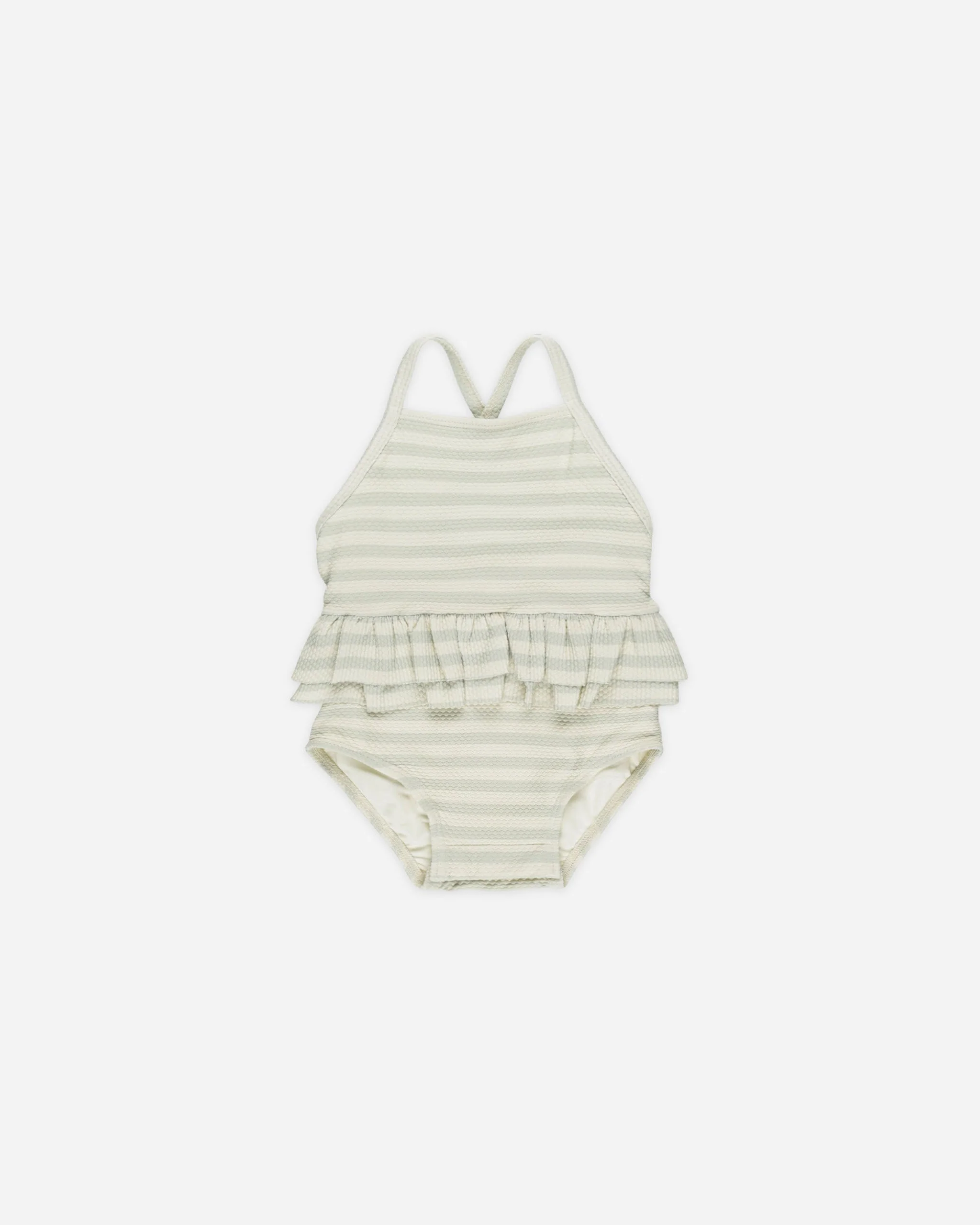 -Ruffled One-Piece Swimsuit || Mint Stripe-
