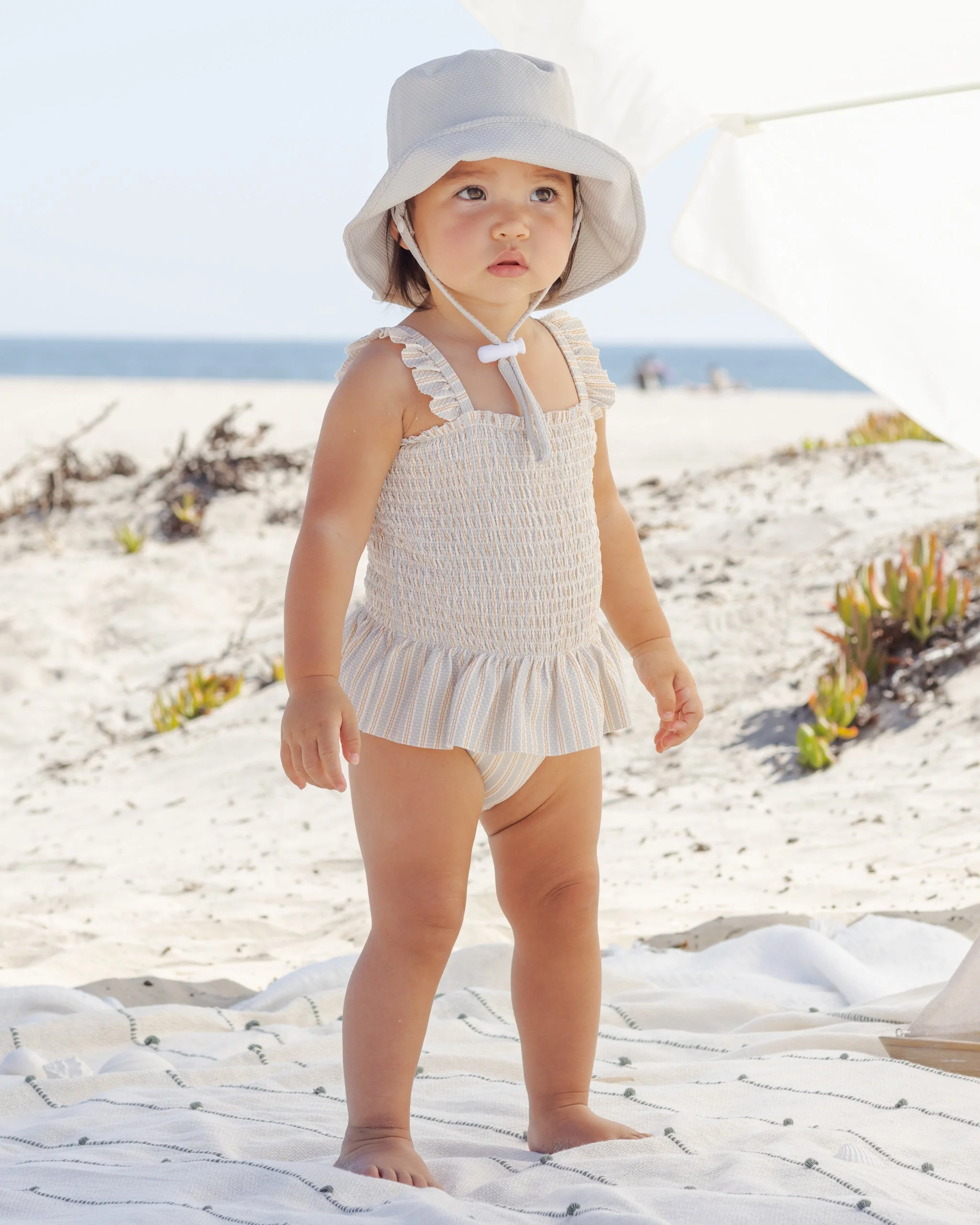 Smocked One-Piece Swimsuit Blue + Butterscotch Stripe - Image 2