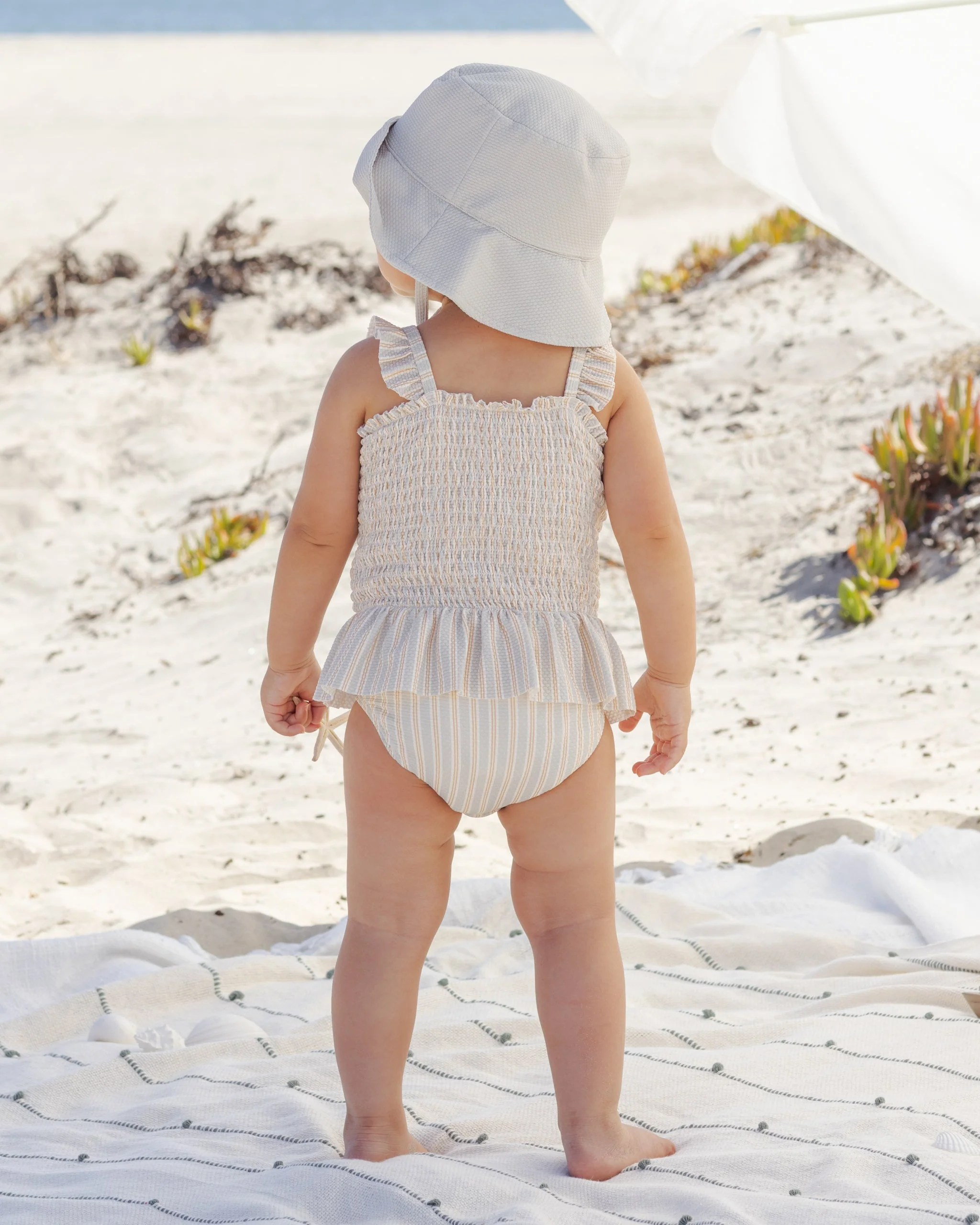 Smocked One-Piece Swimsuit Blue + Butterscotch Stripe - Image 3