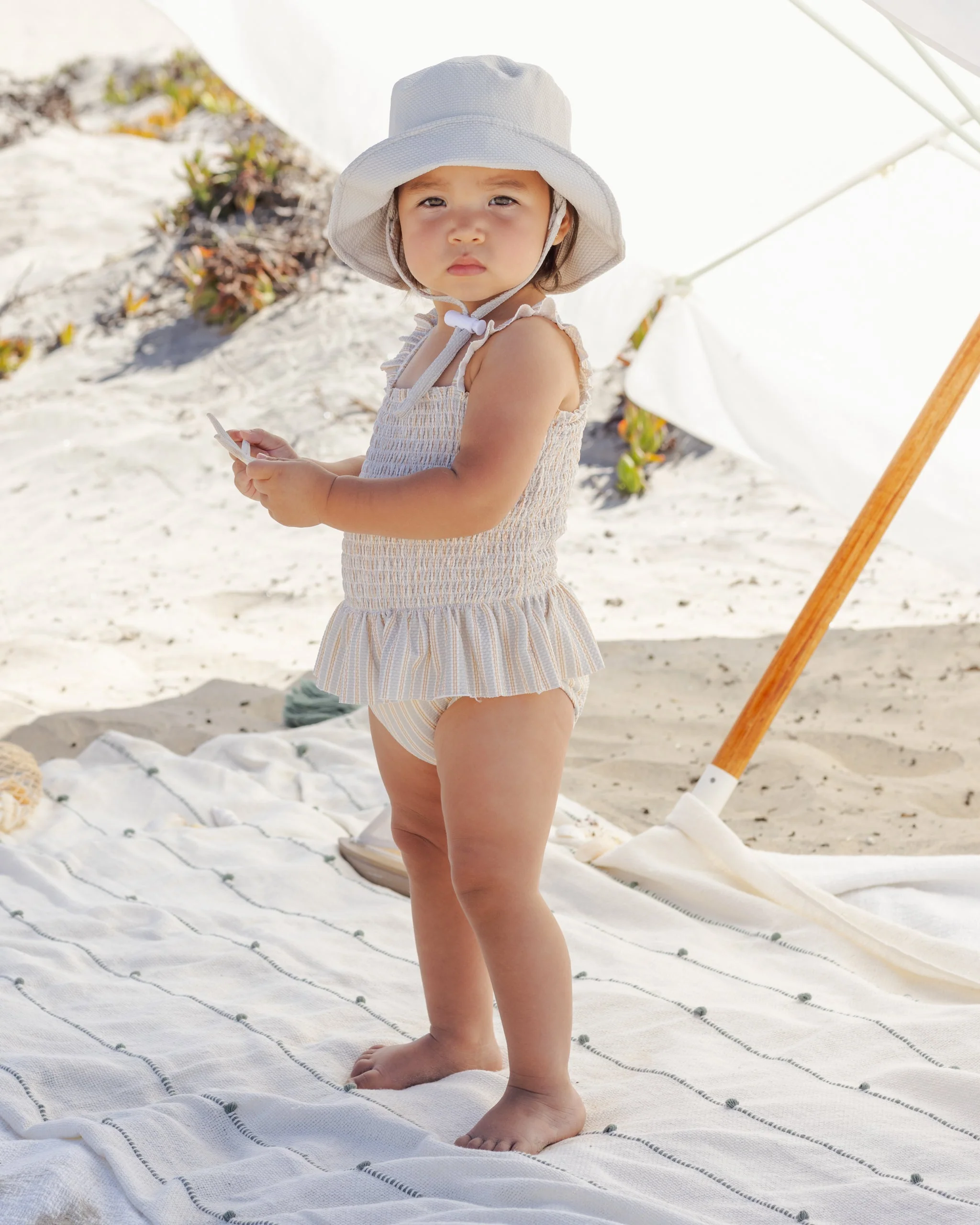 Smocked One-Piece Swimsuit Blue + Butterscotch Stripe - Image 4