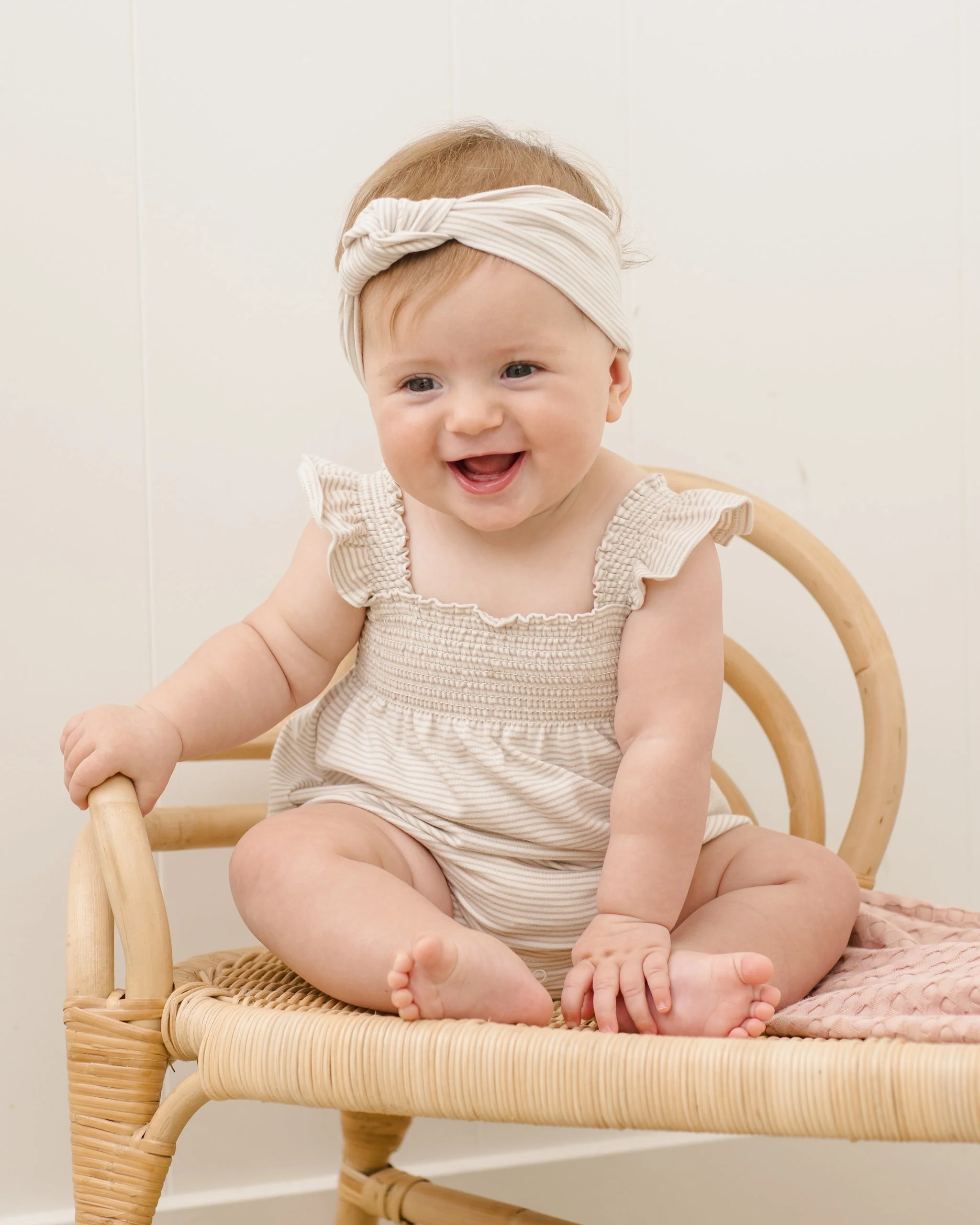 Smocked Ruffle Sleeve Romper Oat Micro Stripe - Image 4