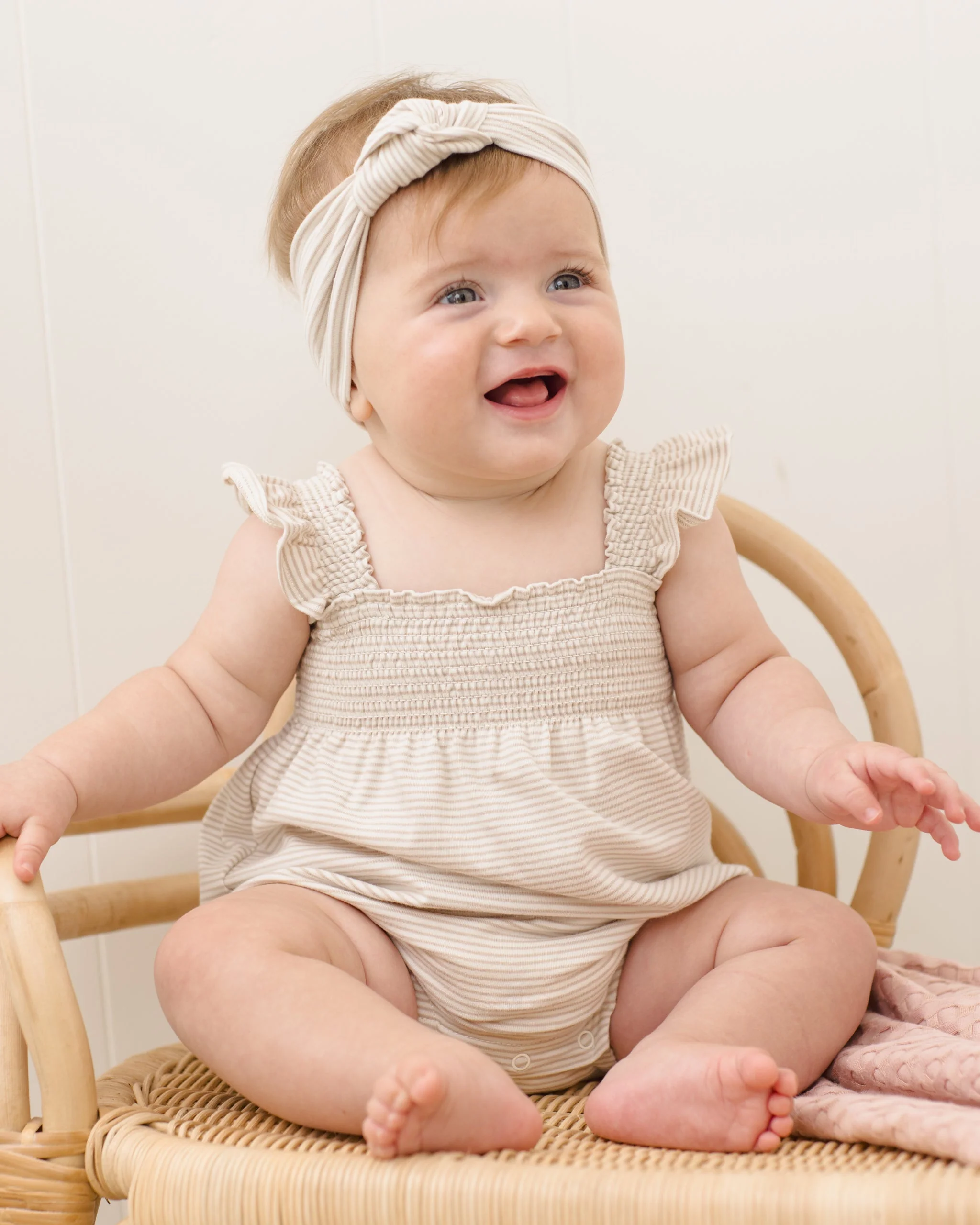 Smocked Ruffle Sleeve Romper Oat Micro Stripe - Image 6