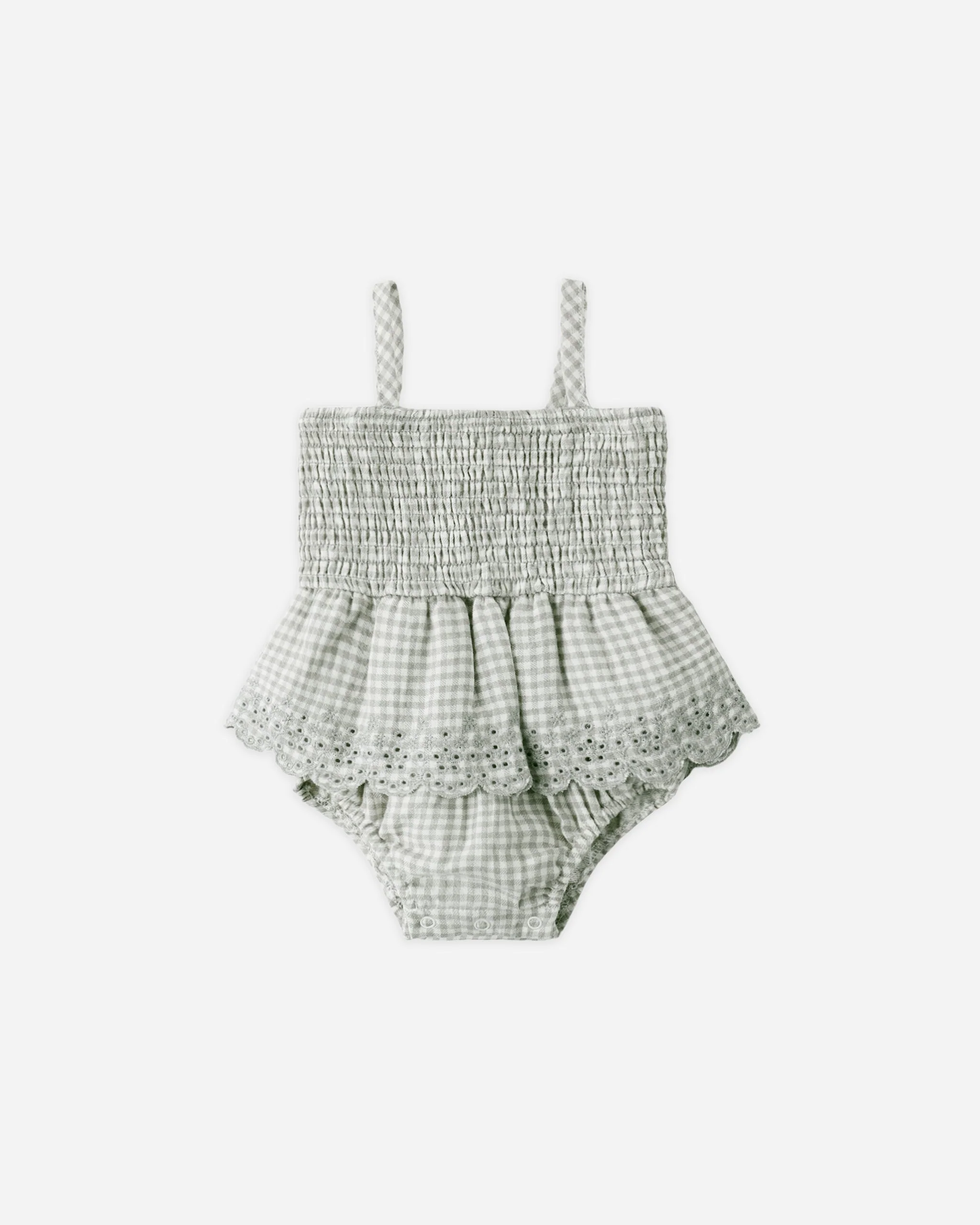 Smocked Skirted Romper Sage Gingham