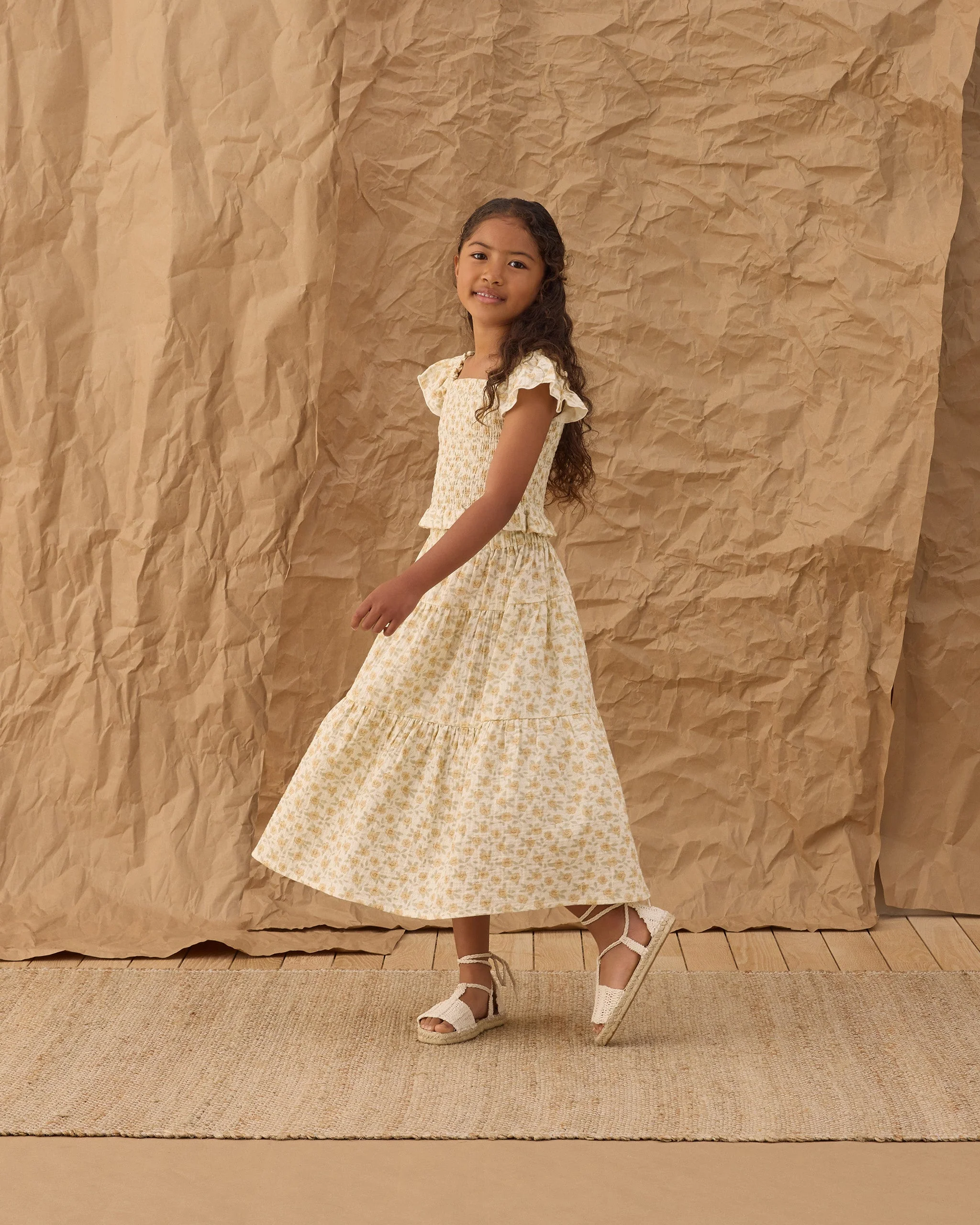 Tiered Midi Skirt Yellow Floral - Image 4