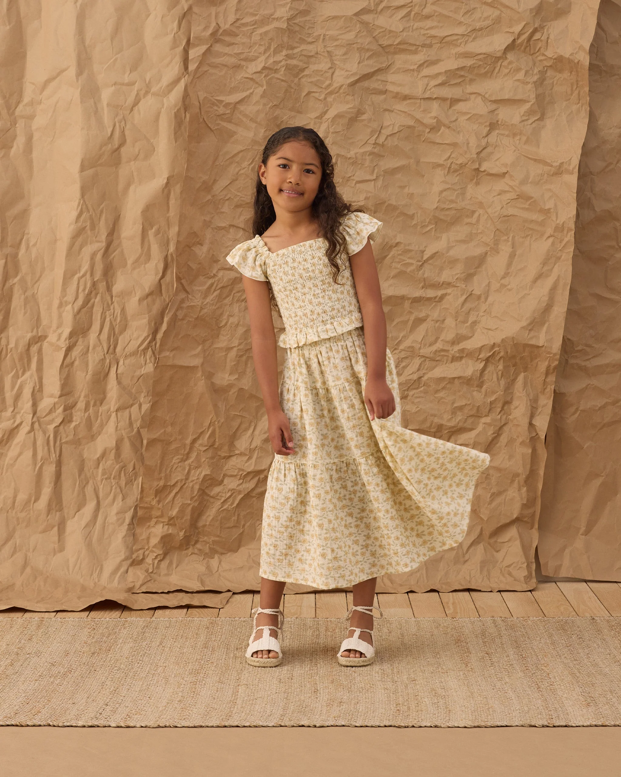 Tiered Midi Skirt Yellow Floral - Image 5