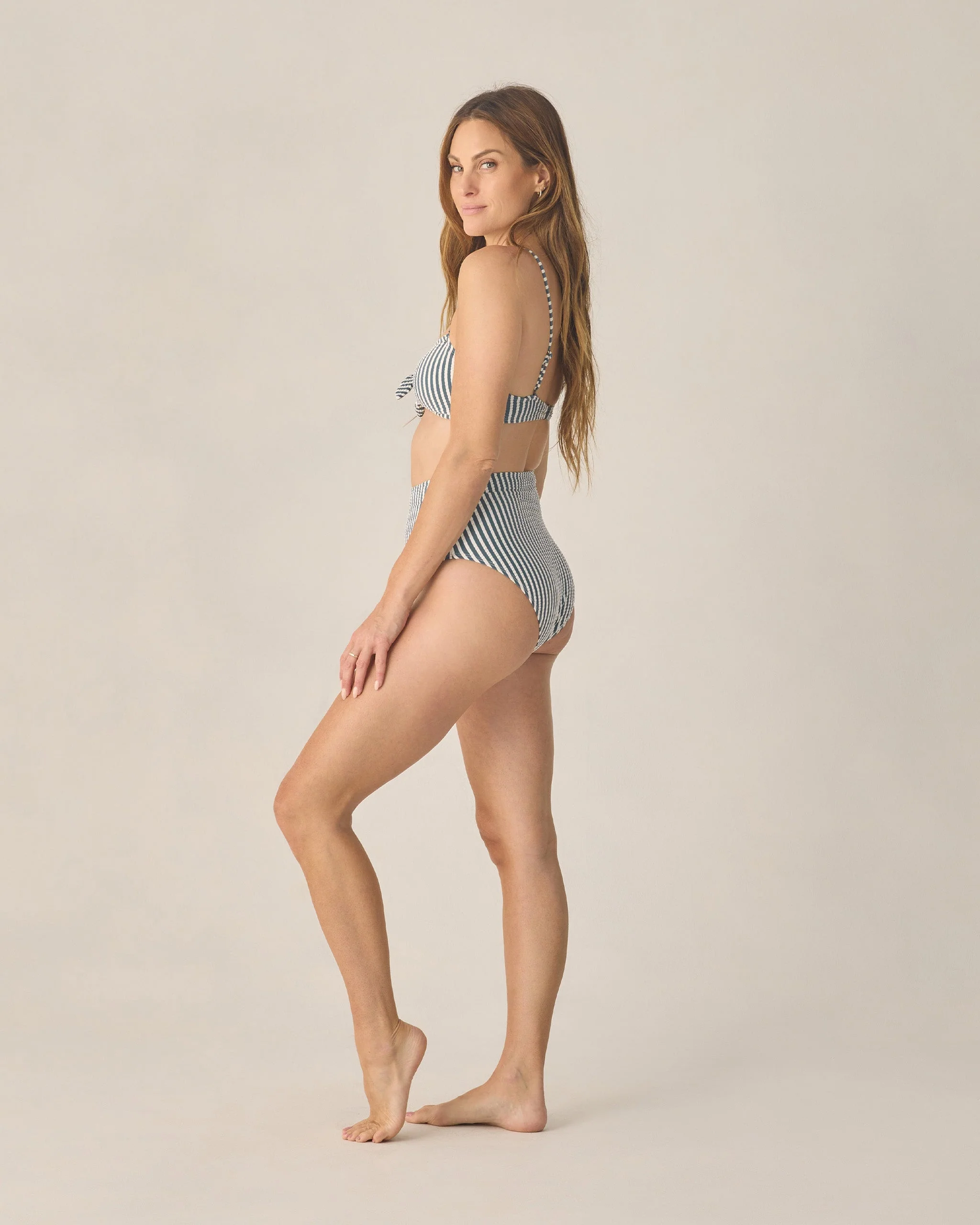Women's High Waisted Bikini Bottom Navy Stripe - Image 3