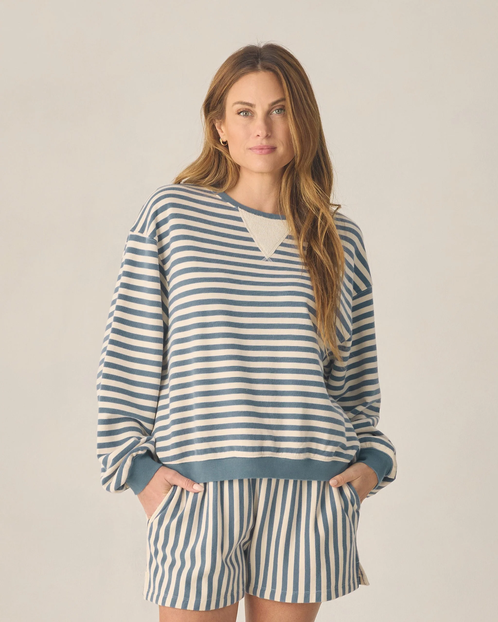Women's Oversized Crew + Short Set Marine Stripe - Image 4