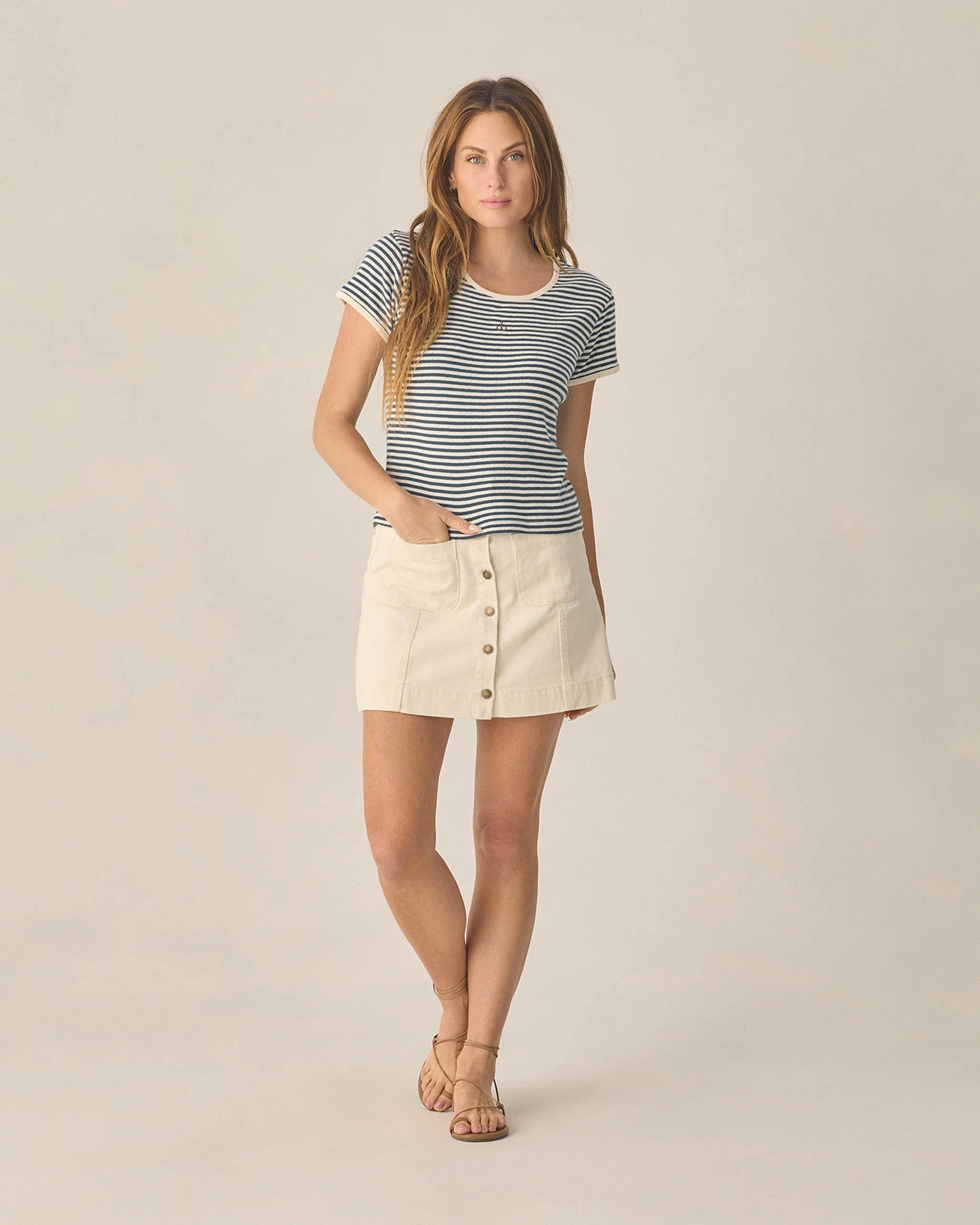 Women's Pointelle Tee Navy Stripe