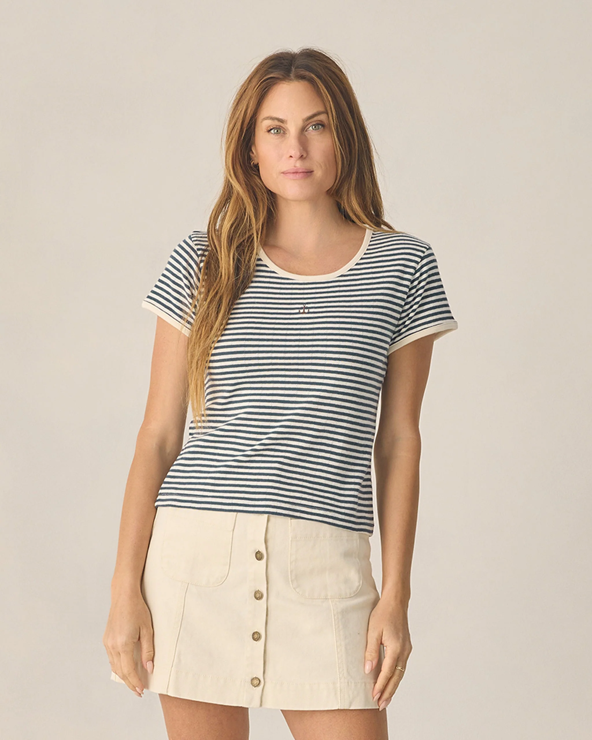 Women's Pointelle Tee Navy Stripe - Image 4