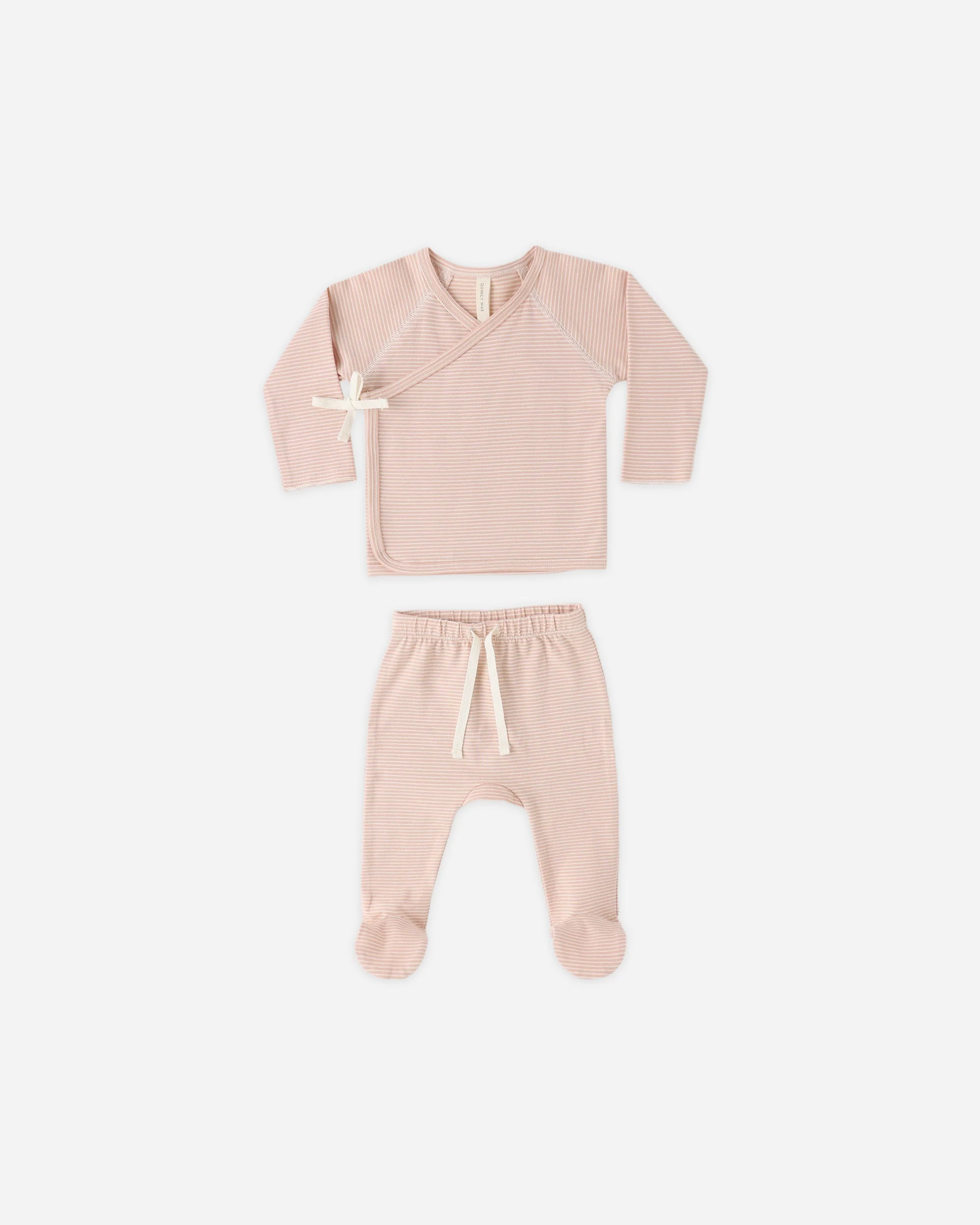 Wrap Top + Footed Pant Set Melon Micro Stripe