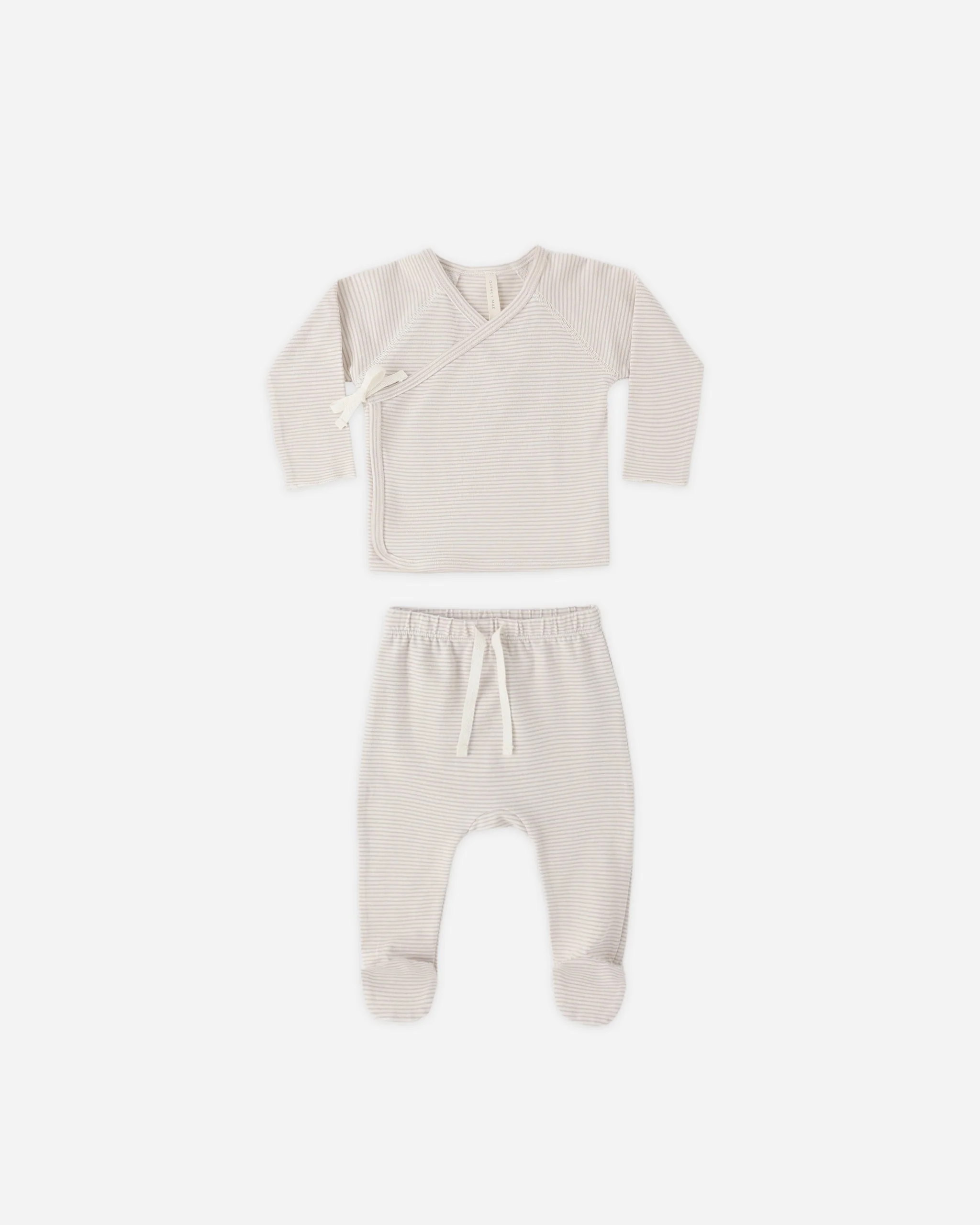 Wrap Top + Footed Pant Set Oat Micro Stripe